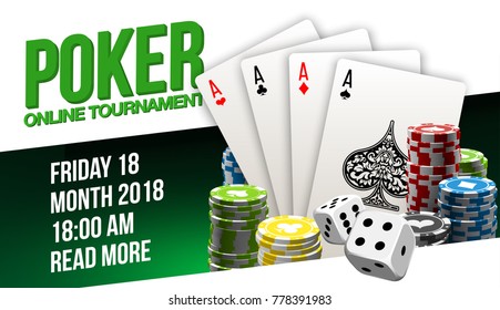 illustration Online Poker casino banner with a chips, playing cards and dice. Marketing Luxury Banner Jackpot Online Casino with flat paper cloud for text. Empty advertising poster.