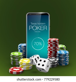 illustration Online Poker casino banner with a mobile phone, chips, playing cards and dice. Marketing Luxury Banner Jackpot Online Casino with New model Smartphone. Empty advertising poster.