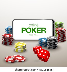 illustration Online Poker casino banner with a mobile phone, chips, playing cards and dice. Marketing Luxury Banner Jackpot Online Casino with New model Smartphone. Empty advertising poster.