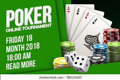 illustration Online Poker casino banner with a chips, playing cards and dice. Marketing Luxury Banner Jackpot Online Casino with flat paper cloud for text. Empty advertising poster.