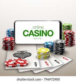 illustration Online Poker casino banner with a mobile phone, chips, playing cards and dice. Marketing Luxury Banner Jackpot Online Casino