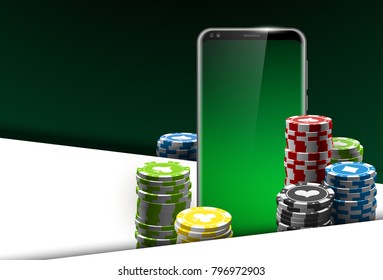illustration Online Poker casino banner with a mobile phone, chips and dice. Marketing Luxury Banner Jackpot Online Casino