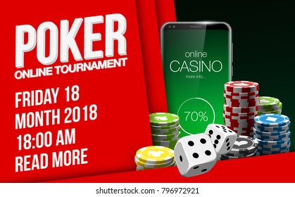 illustration Online Poker casino banner with a mobile phone, chips and dice. Marketing Luxury Banner Jackpot Online Casino