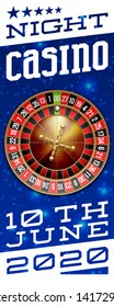 illustration Online Poker night casino banner with realistic american roulette on blue space. Marketing Luxury blue Banner Jackpot Online night Casino with 3d classic roulette. Advertising poster set.