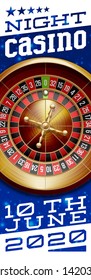 illustration Online Poker night casino banner with realistic american roulette on blue space. Marketing Luxury blue Banner Jackpot Online night Casino with 3d classic roulette. Advertising poster set.