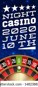 illustration Online Poker night casino banner with realistic american roulette on blue space. Marketing Luxury blue Banner Jackpot Online night Casino with 3d classic roulette. Advertising poster set.