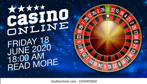 illustration Online Poker night casino banner with realistic american roulette on blue space. Marketing Luxury blue Banner Jackpot Online night Casino with 3d classic roulette. Advertising poster set.