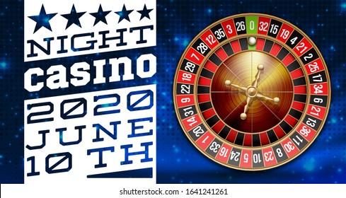 illustration Online Poker night casino banner with realistic american roulette on blue space. Marketing Luxury blue Banner Jackpot Online night Casino with 3d classic roulette. Advertising poster set.