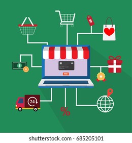 Illustration  for online purchase through the application. There are many options available through the icons. Can be used in background.
