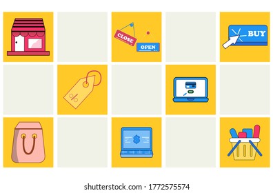 Illustration of online sales with colorful square arrangement. Flat illustration. Vector illustration of online sales. Can be used for wall pictures or stickers. Ready to print.
