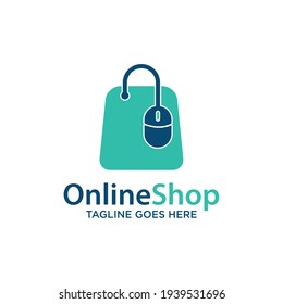 Illustration online shop logo template design with paper bag and smartphone sign