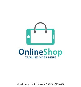 Illustration online shop logo template design with paper bag and smartphone sign