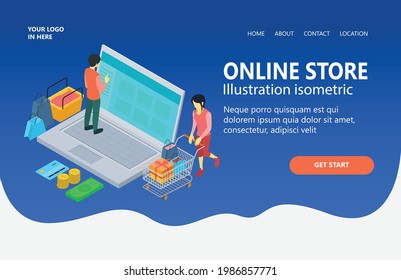 Illustration of an online shop, a man in front of a laptop, and a woman pushing a shopping trolley. Isometric vector illustration concept