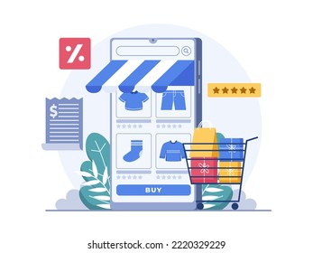 Illustration Online shop store.
Smart business strategy with opening online store.
E-commerce or online marketplace concept.
Online Shop In smartphone.
Suitable for promotion, landing page, web.