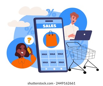 An illustration of online shopping with characters, sales elements, and a shopping cart on a light background, conveying e-commerce. Vector illustration