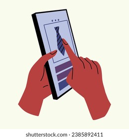 Illustration of online shopping for clothes. Hand holding smartphone, touching blank white screen. Concept flat vector illustration for web landing page, banner, social media, poster, application.
