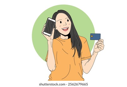 Illustration of online shopping concept financial payment and money transfer. Cheerful smiling young woman holding smartphone and dummy credit card for internet banking while standing