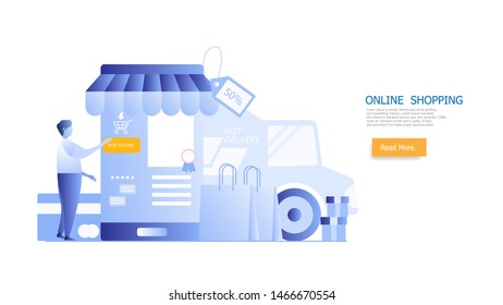 illustration of online shopping concept, man shopping on smartphone cartoon vector flat design