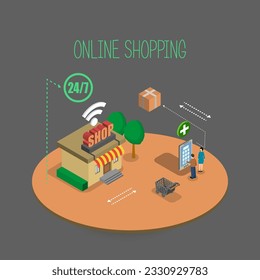Illustration of online shopping concept on mobile phone, 3d, background.