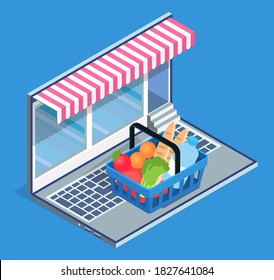 Illustration of online shopping concept. Opened laptop with awning, products in shopping basket standing on keyboard. Internet store application. Computer in the form of trade tent with striped canopy