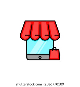 Illustration of an online shopping concept with a storefront and shopping bag on a white background.