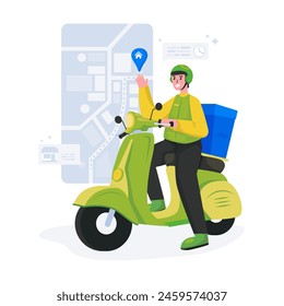 Illustration of online shopping delivery service with a courier ready to send packages using a scooter concept