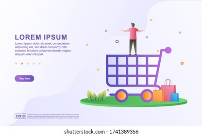 Ilustración de las compras en línea y el comercio electrónico con los iconos de los carritos de la compra y las bolsas de la compra