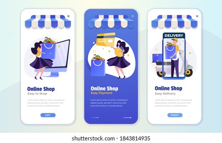 Illustration of online shopping with ease of shopping, easy payment and easy delivery service on the onboard screen concept