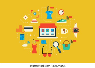 Illustration of online shopping and e-comerce flat design concept with icons elements