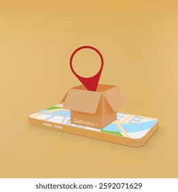 An illustration of online shopping features a smartphone as a storefront, a map with a delivery route, shopping bags, and packages, symbolizing e-commerce and logistics.