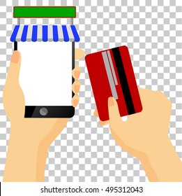 Illustration for online shopping (Hand - Holding Black Smartphone and credit or debit card)