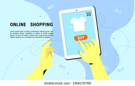 Ilustración de compras en línea. La mano toca ipad y compra camiseta. Plantilla de banner para el sitio web. Ilustración plana moderna.