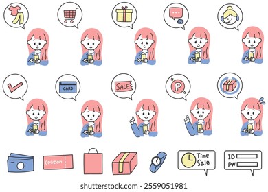 Illustration of online shopping icon with woman in suits