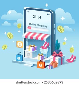 Illustration von Online-Shopping auf einem Handy mit Geschenken, High Heels, einem Einkaufswagen und Geld-Icons. Ideal für Konzepte rund um E-Commerce, Digital Shopping und mobile Endkundenplattformen