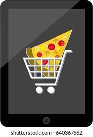 illustration of online shopping, Order fast food, Sale concept - Vector Pizza in a shopping cart icon on Tablet icon.