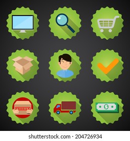 Illustration of Online shopping process flat vector icon set