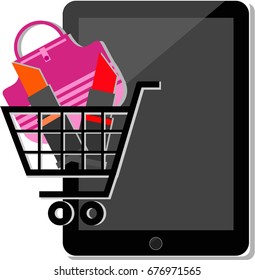 illustration of online shopping products for woman, Sale concept - Vector Woman's handbag icon and Lipstick icon in shopping cart icon on Tablet.