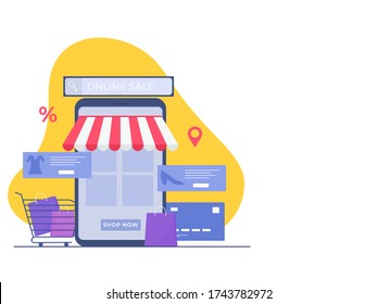 Illustration of Online Shopping Sale in Smartphone with Carry Bags, Trolley and Payment Card on Abstract Background.