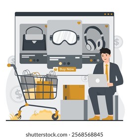 Illustration of online shopping, showcasing convenience, affordability, and endless product options