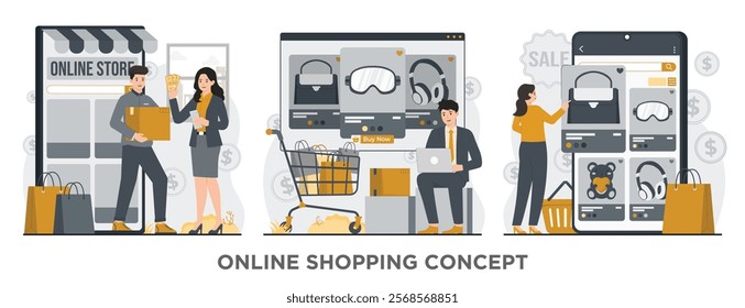 Illustration of online shopping, showcasing convenience, affordability, and endless product options