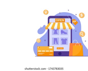 Illustration of Online Shopping from Smartphone with Percentage Tag, Carry Bags and Payment Card on Abstract Background.