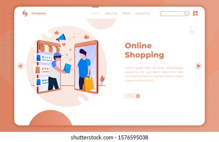 Illustration of online shopping through a mobile application on the landing page