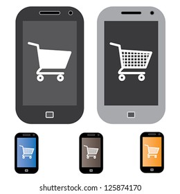 Illustration of online shopping using mobile/cell phone with the concept graphic showing mobile screen with cart icon in black and white. Also included are 3 colorful versions of the graphic