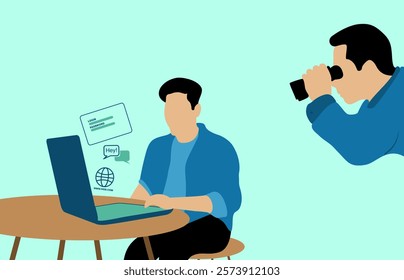 An illustration of online surveillance and cybersecurity. A man uses a laptop with visible login details, while another spies with binoculars, symbolizing hacking, data breaches, and privacy risks