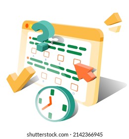 Illustration of online testing, questionnaire form, internet quiz or survey, distance learning. 3d model of a computer screen with tests. Vector graphics on a white background