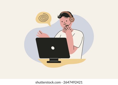 Illustration of Online Therapist with Headset Talking to Computer