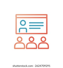 Illustration of online training depicted with a screen and audience members in vector line art style on White Background.