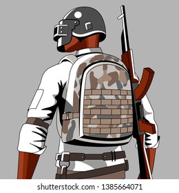 Illustration to online video game PUBG playerunknown's battlegrounds. Isolated on grey background. Man in military uniform. battleground - Vector