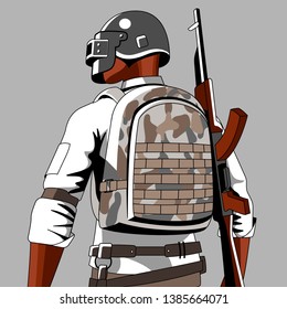 Illustration To Online Video Game PUBG Playerunknown's Battlegrounds. Isolated On Grey Background. Man In Military Uniform. Battleground - Vector