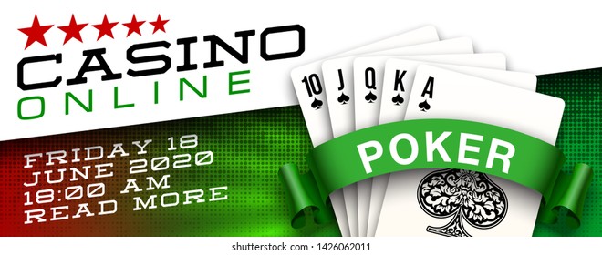illustration Online web casino banner with american Poker playing cards on green background. Marketing Luxury green space Banner Poker playing cards. Advertising poster set Online web Casino Jackpot